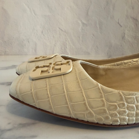 Tory Burch Georgia Square-Toe Croc-Embossed Cream Colored Ballet Flats | W-8.5 - Picture 9 of 14